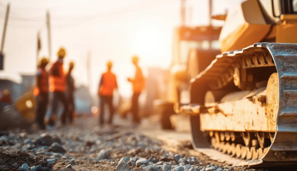 A close-up of a construction vehicle’s track with workers